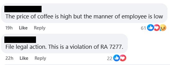 Screenshots from Facebook of comments on the viral Starbucks Festival Mall post